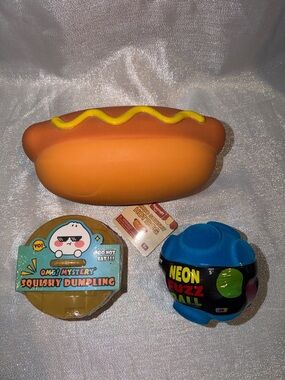Jumbo Squishy Hot Dog, Omg Mystery Dumpling & Neon Blue Fuzz Ball